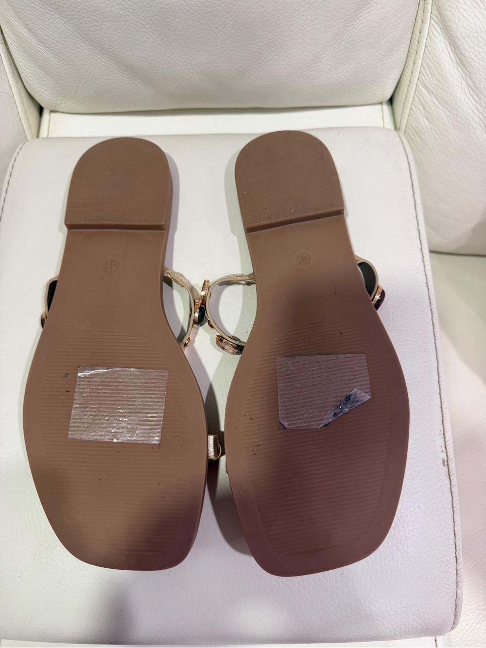 Forever 21 Tan Slide Sandals with Green & Gold Gem Accents. Exellent Condition - Picture 9 of 9